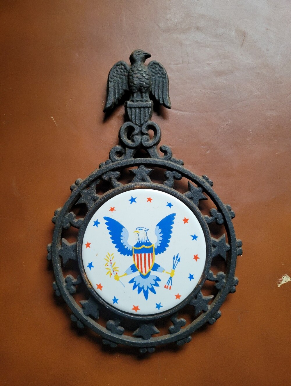 Vintage Rossini Japan Cast Iron Trivet Ceramic Tile American Eagle Patriotic